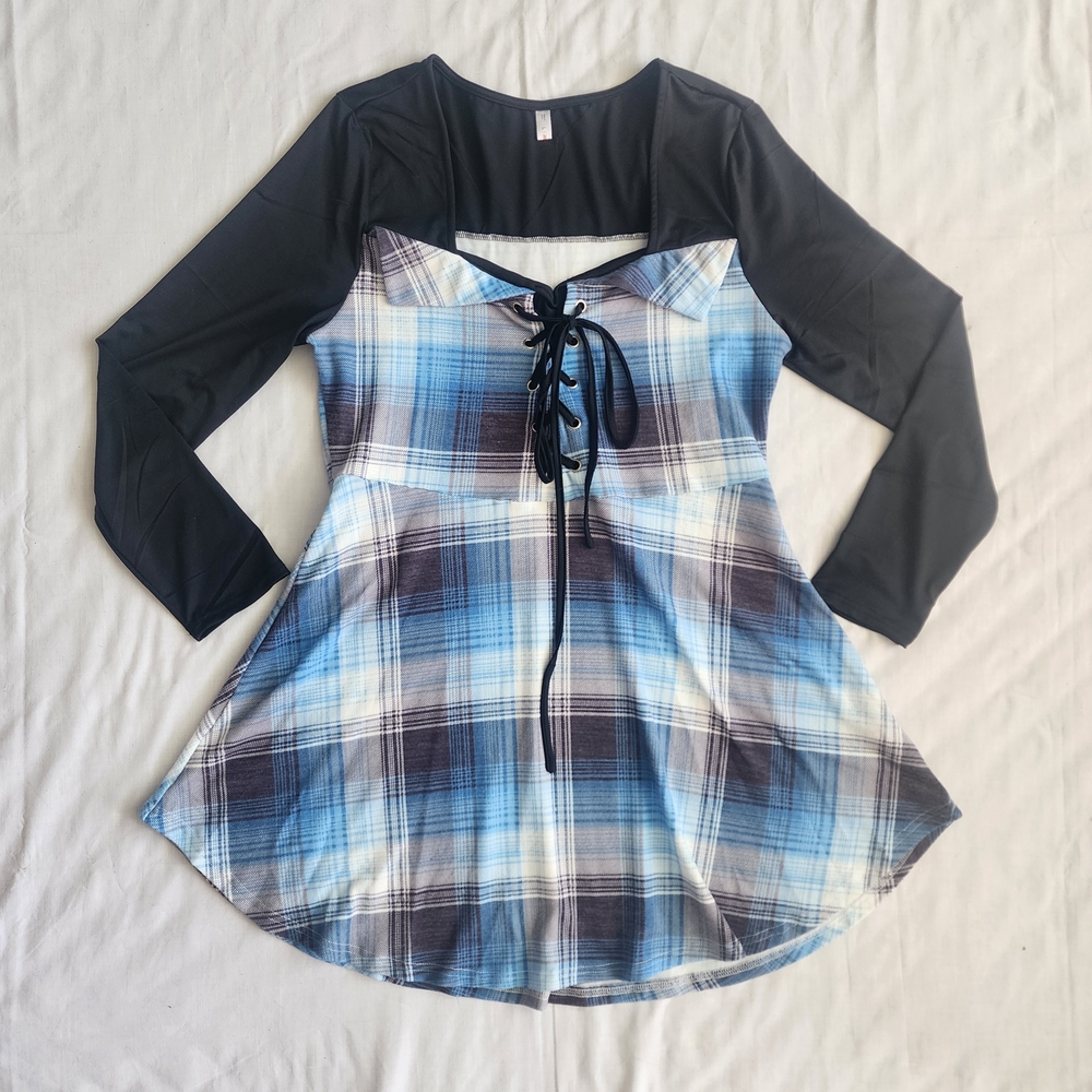 Blue Black Plaid Corset Top Dress Womens Size 14 Long Sleeve Short Skater